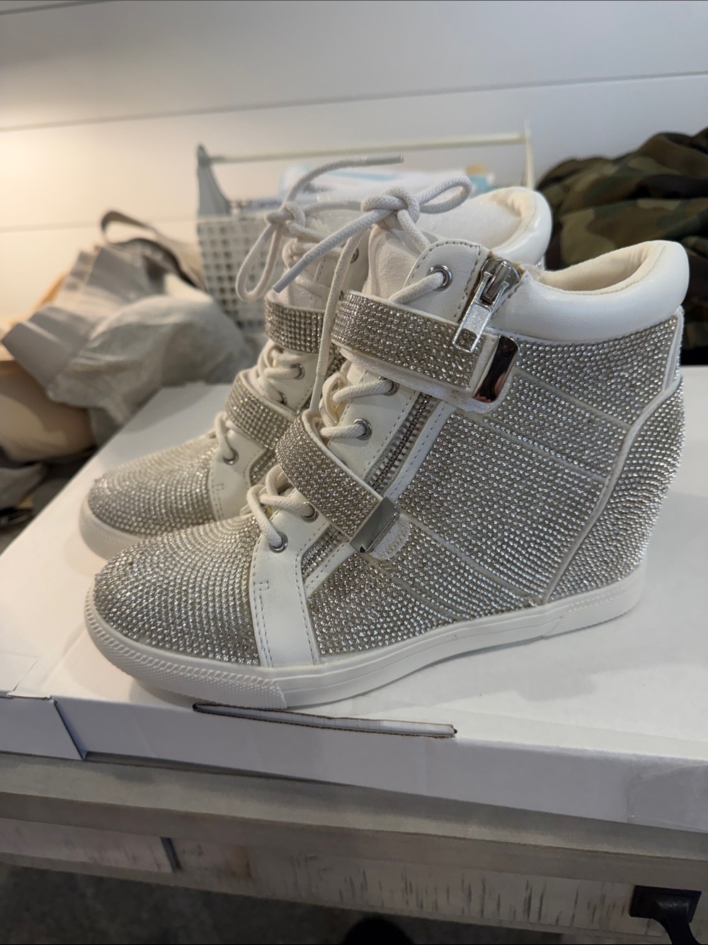 INC International Concepts White Rhinestone Wedge High-Top Sneakers